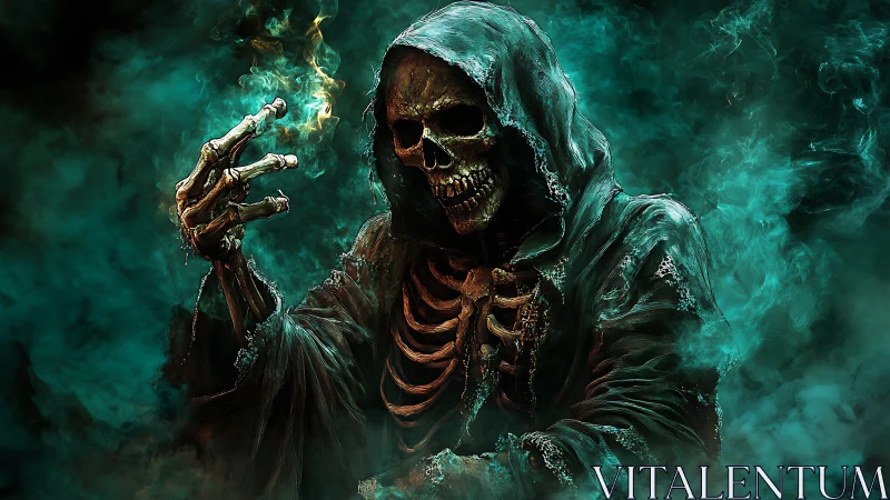 Grim reaper conjures eerie teal smoke in a dark void