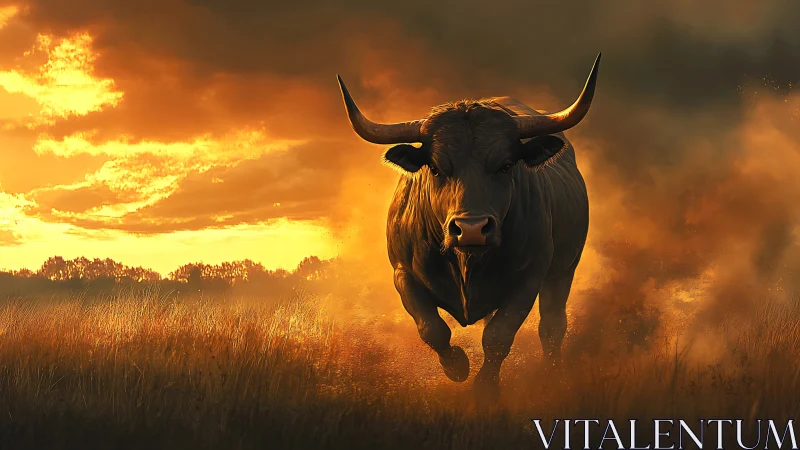 Large horned bull running through dusty field at sunset.