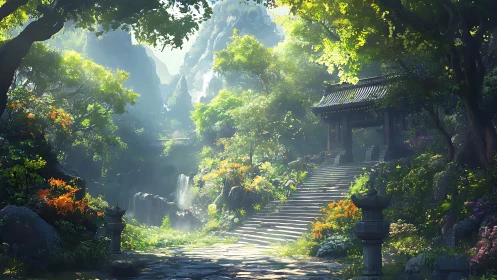 Stone steps lead to a shaded gate in a dense forest valley