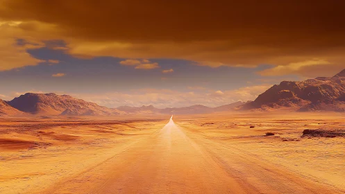 Endless desert highway unfolds beneath a burning amber sky