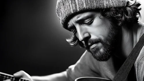 Monochrome portrait of seated guitarist in profile view.