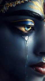 Divine blue face sheds luminous tear in extreme close-up