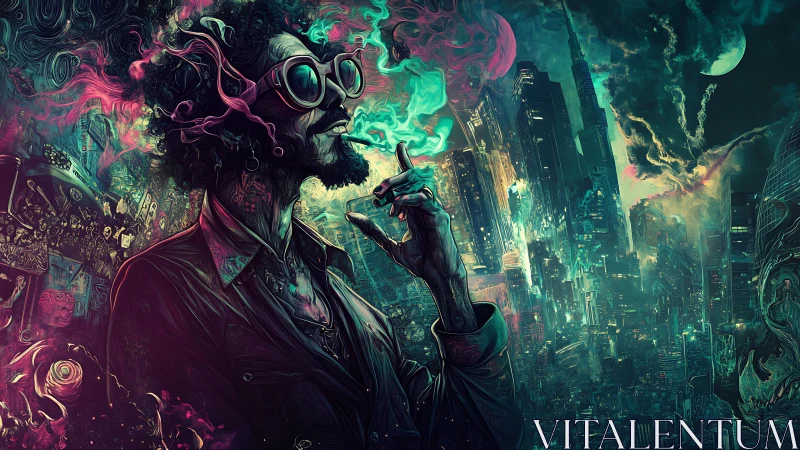 Urban smoker exhales neon vapor over surreal cyber city