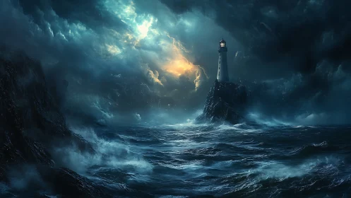 Lighthouse stands on rocky sea stack in stormy night seascape