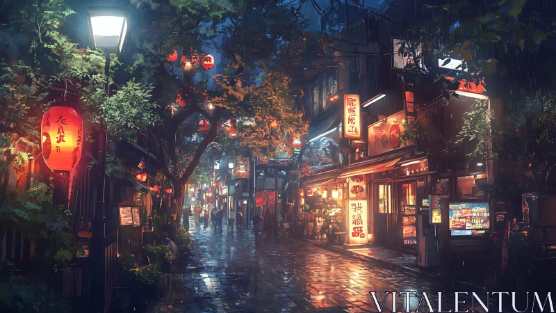 Cozy rainy night in a lantern lit city alleyway street.