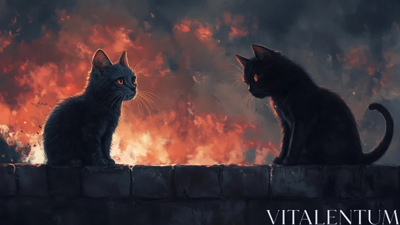 Two Black Cats Face Fire in Dramatic Apocalyptic Scene
