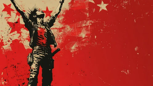 Grunge vector silhouette of jubilant punk youth over red stars