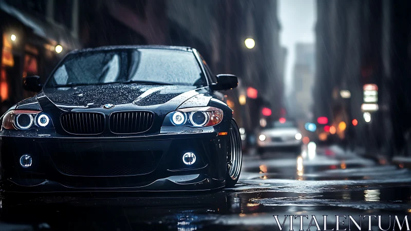 Low-angle wet-street view of BMW sedan under moody rainlight