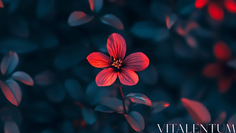 Radiant Red Flower Glowing in Moody Night Garden