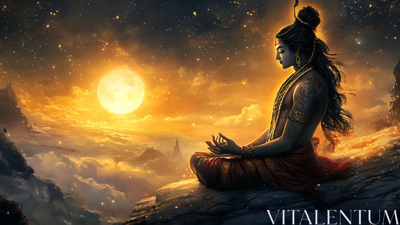 Celestial yogi sits in glowing moonlit mountain silence