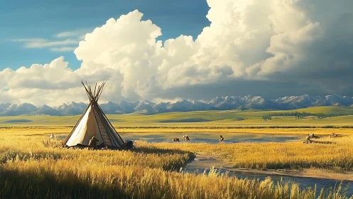 Sunlit tipi and riders animate expansive mountain prairie