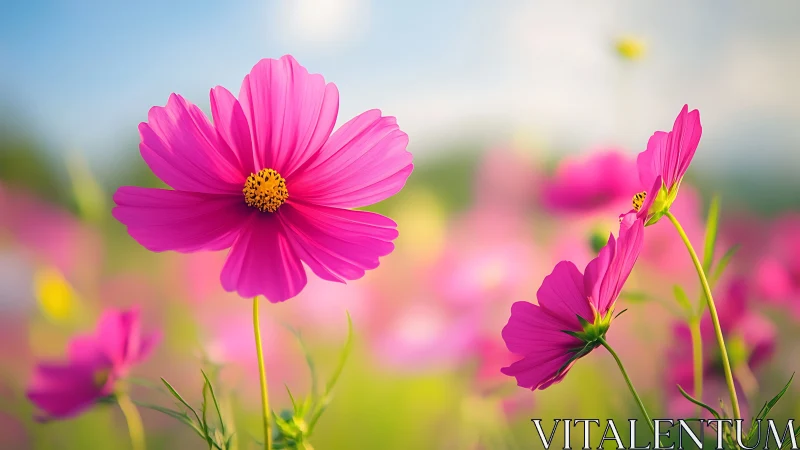 Radiant pink cosmos blossoms in dreamy sunlit meadow.
