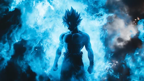 Blue energy warrior silhouette in intense glowing flames.