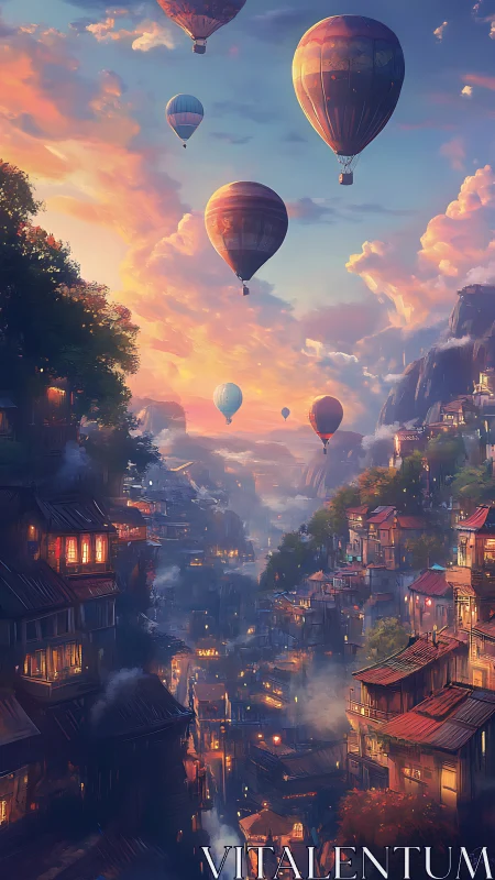 Hot air lanterns drift above a twilight canyon city
