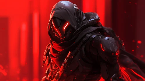 Cybernetic assassin advances through red-lit corridor
