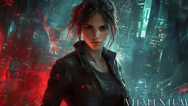 Cyberpunk woman stands in neon city with intense focus.