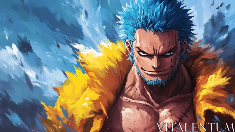 Storm-lit pirate strides through painted ocean fury