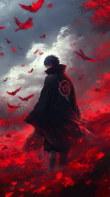 Solitary warrior walks through storm of crimson crows