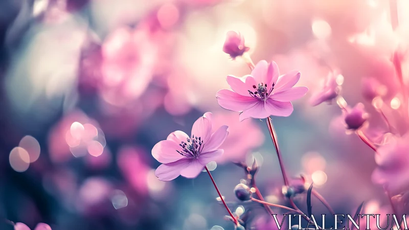 Pink Cosmos Flowers Glowing in Soft Dreamy Light.