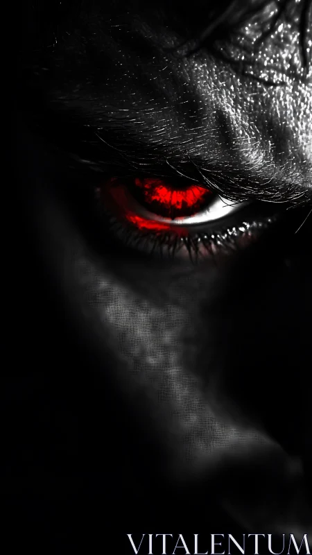 Close-up of human eye with red iris in dark shadowed light.