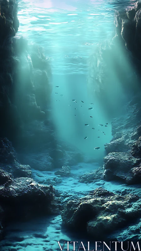 Underwater rock canyon shows light shafts and sparse fish