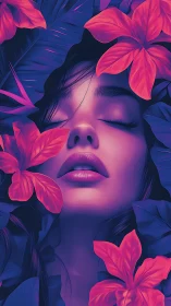 Neon-lit dreaming portrait amid vivid tropical blossoms.