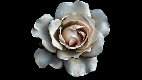 Monochrome rose macro exhibiting radial symmetry and dried petal texture