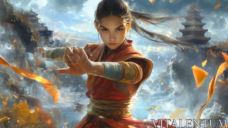 Martial artist holds combat stance before misty pagodas