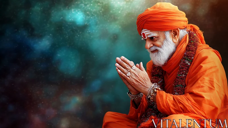 Elderly spiritual man in orange robes with folded hands.