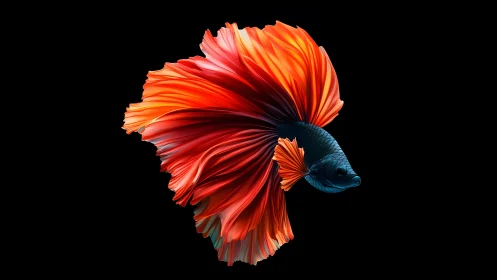 Vibrant Betta Fish with Flowing Orange Fins on Black Background.