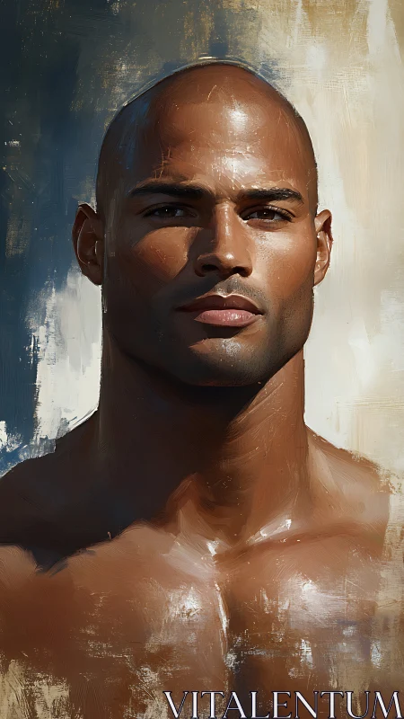 Sunlit portrait of strong bald man in painterly strokes.