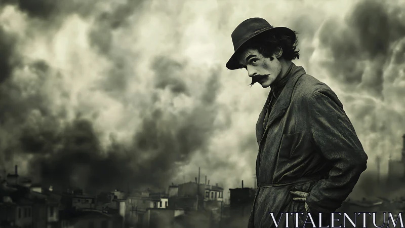 Smokestack skyline with trenchcoat figure in moody grayscale