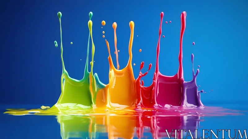 Vibrant Splashes of Colorful Paint Against a Blue Background.