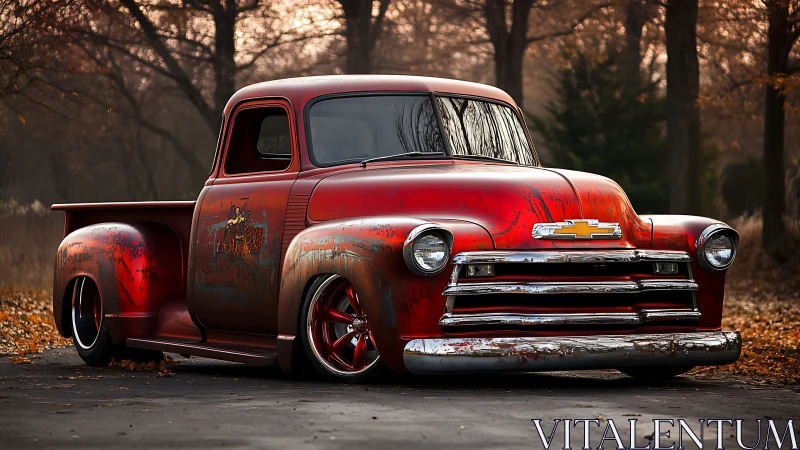 Customized red vintage pickup truck in autumn forest setting.