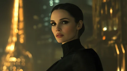 Elegant woman stands before blurred futuristic city lights