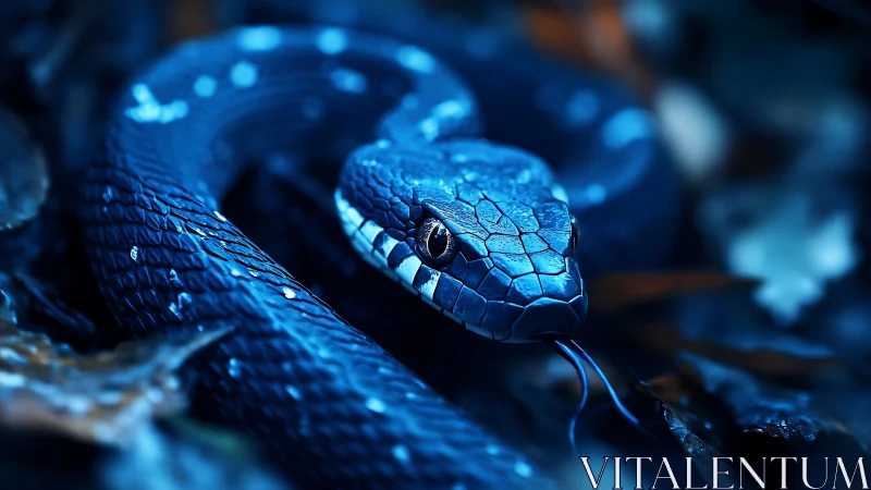 Moonlit cobalt serpent coiled in hush and glimmering focus.