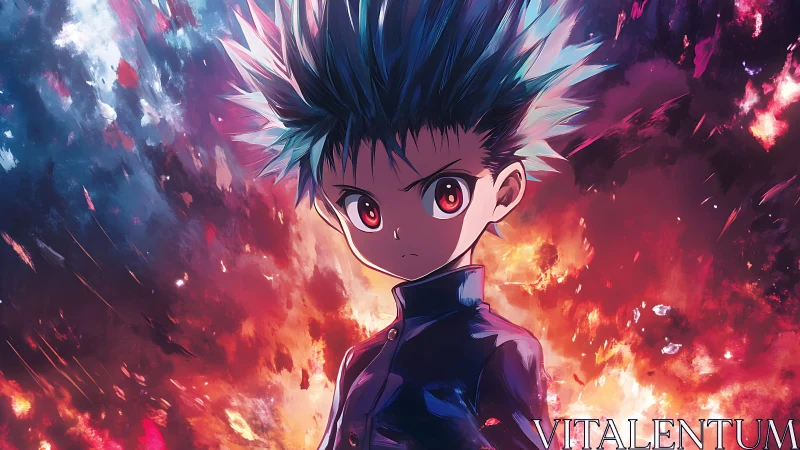 Fierce young anime hero stands strong in swirling cosmic fire