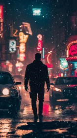 Solitary silhouette in neon-lit snowfall on wet city street