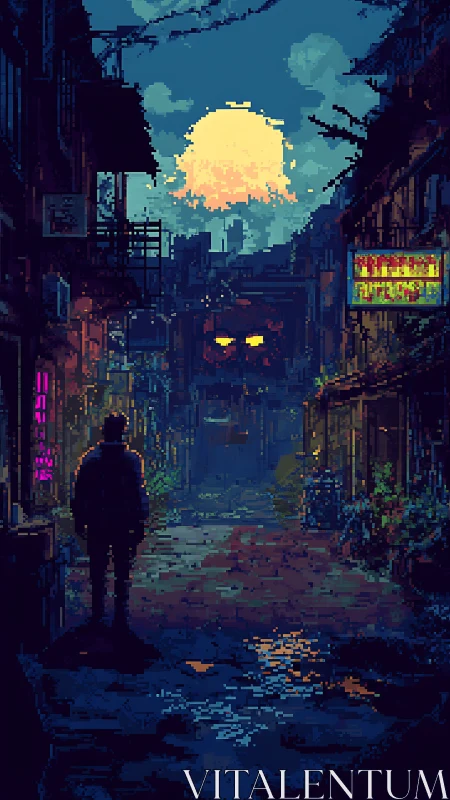 Neon-soaked alley confronts a looming pixel moon and watcher