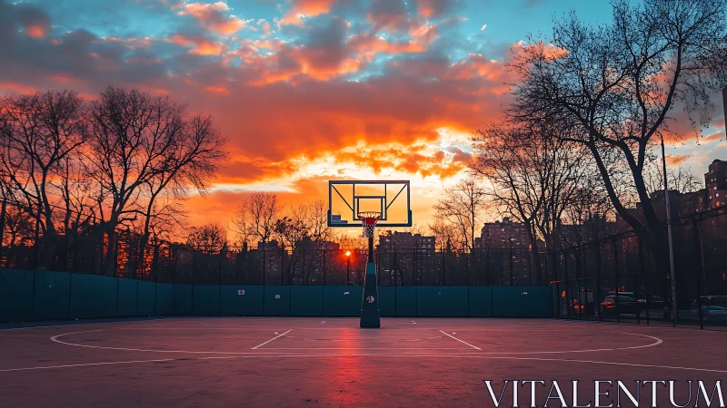Sunset backboard crowns a quiet city court in molten color