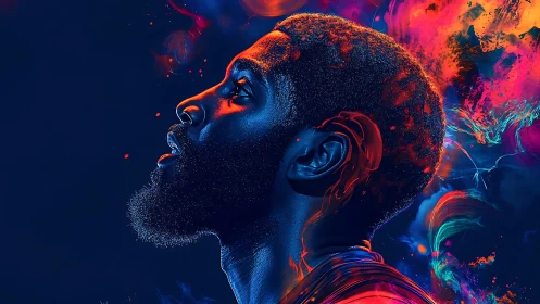 Neon-lit portrait captures a reflective gaze in cosmic color.