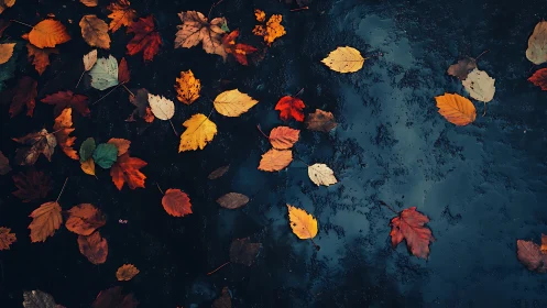 Wayward autumn leaves drifting across ink-dark water.
