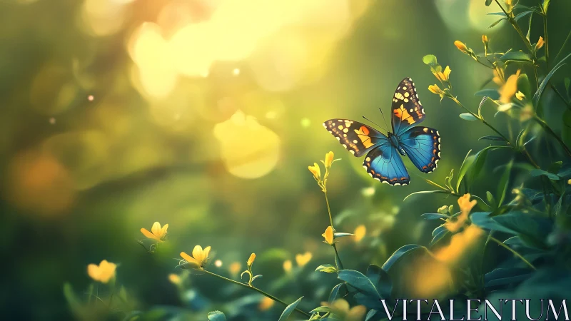 Blue butterfly hovers over sunlit yellow wildflower meadow