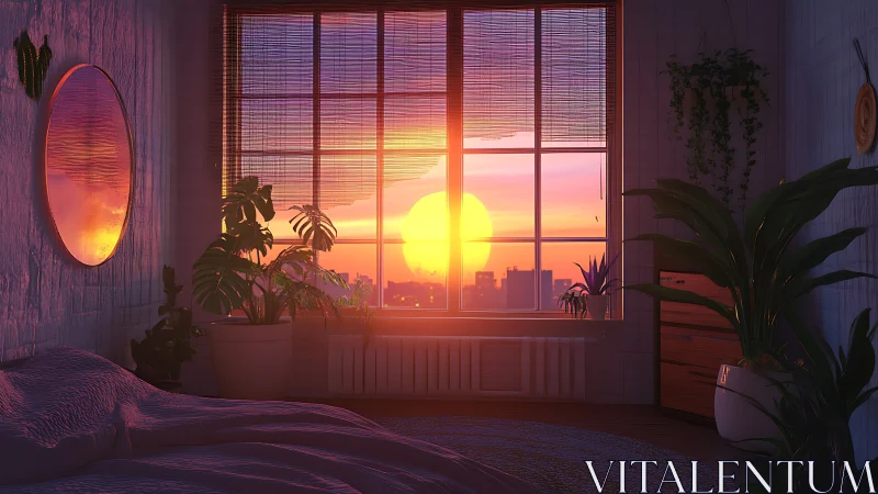 Interior bedroom scene displays sunset through large window