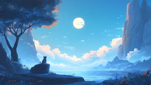 Moonlit cat over tranquil lake in stylized blue landscape.