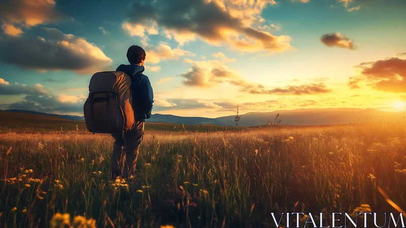 Hiker with backpack stands in wildflower field at sunset