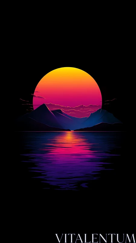 Neon gradient sun over stylized mountains and water surface.