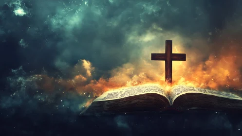 Glowing open Bible and wooden cross in a calm, misty light.