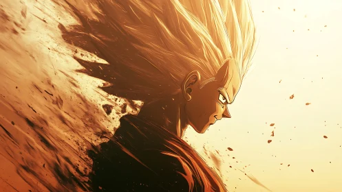 Profile view of anime warrior amid kinetic energy burst