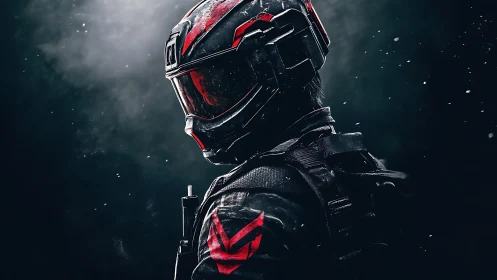 Armored soldier in tactical helmet with red highlights.